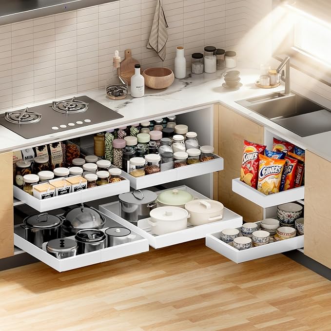 1 Pack Pull out Cabinet Organizer Expandable Width(12"-20") and 21"Depth, No Drill Adjustable Slide Out Drawers for Kitchen, Cabinets With 3 Slide Rails,Magnetic Panel, Adhesive Roll out Shelves