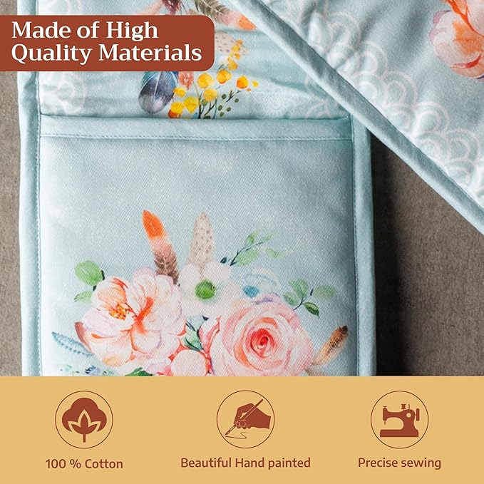 Maison d' Hermine Double Oven Mitts 100% Cotton 7"x35" Double Oven Mitt Heat Resistant BBQ Cooking Gloves with Loop Baking Grilling Gifts for Mothers Day Spring Summer (Ibiza - Blue)