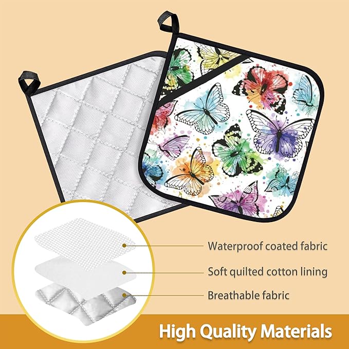 Butterfly Color Pot Holder Set of 2,Heat Resistant Potholders Oven Hot Pads for Kitchen Cooking Baking BBQ