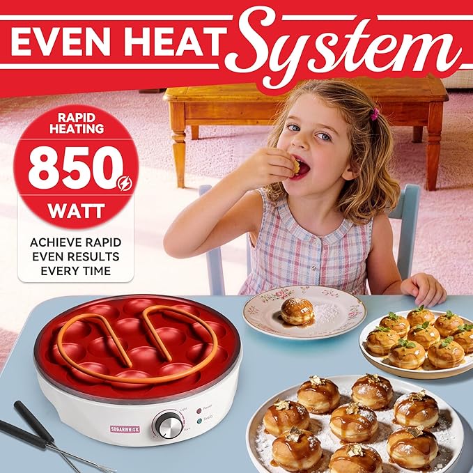 SugarWhisk Mini Pancakes Maker Machine with 14 Larger & Deeper Grooves, Electric Mini Pancake Pan, Aebleskiver Pan, Ebelskiver Pan, Browning Controllable, White