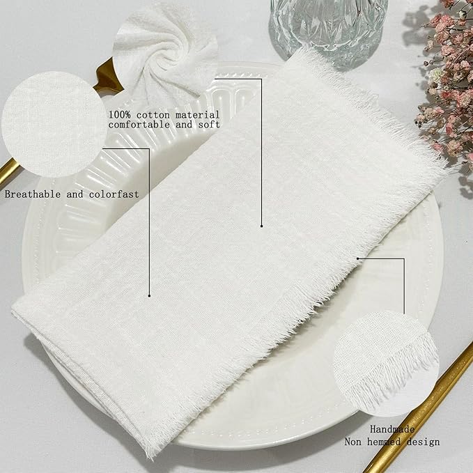 24Pack White Cloth Napkins 17x17Inch White Napkins Cloth with Fringe Soft Cotton Cloth Napkins Washable Rustic Dinner Napkins Cloth for Wedding Party Dinner Table