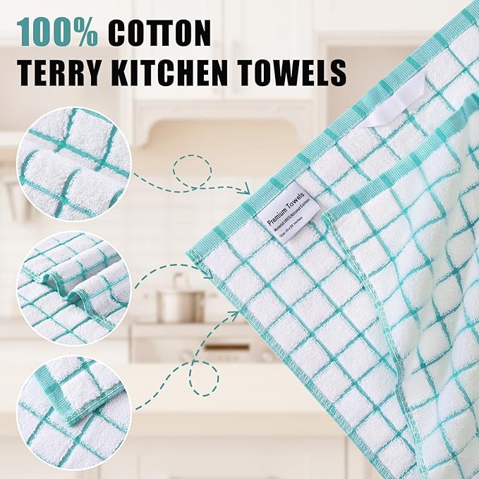 Homaxy Premium Kitchen Towels(16”x 28”, 8 Pack), Large Ring Spun Cotton Dish Towels, Super Absorbent Soft Terry Kitchen Hand Towels, Check Design Tea Towel Set with Hanging Loop, Aqua