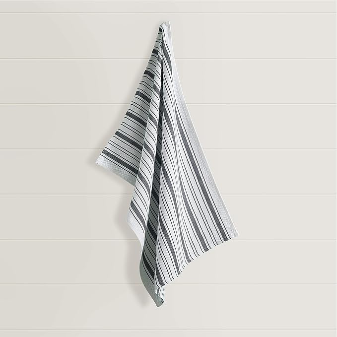 Kitchen Towels Set – Pack of 3 (20’’ x 30’’) Extra Large Premium Cotton Dish Towels for Kitchen – Absorbent – 100% Cotton – with Hanging Loop – Dark Grey Multi Design Striped