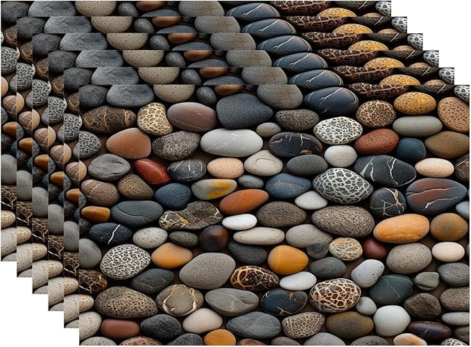 Batmerry Pebbles Various Textures Placemats, Assorted Smooth Stones Washable Linen Table Mats for Kitchen Table Double Insulation Decor Dining Set Indoor Outdoor 12X18 in Set of 6