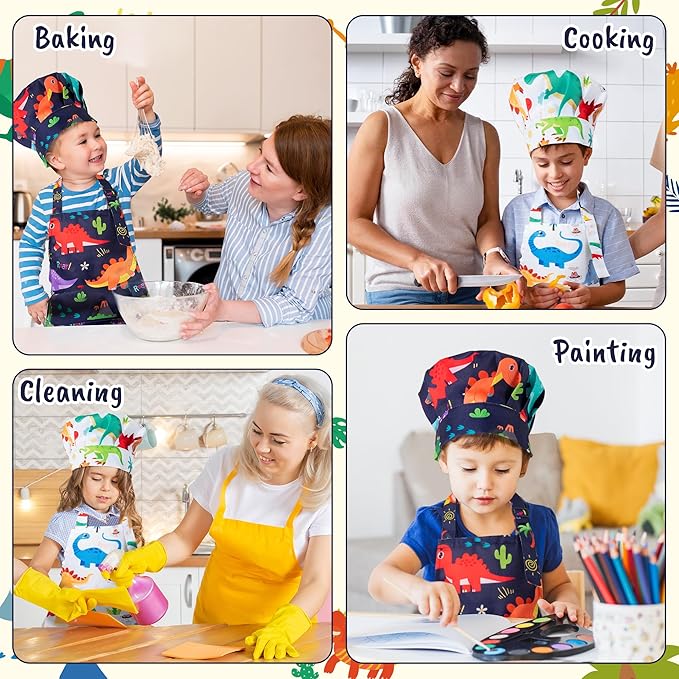 GROBRO7 4Pcs Kids Apron and Chef Hat Set Gift for Girls Boys, Dinosaurs World Adjustable Kitchen Toddler Aprons with 2 Pockets Waterproof Smocks for Baking Cooking Painting Training