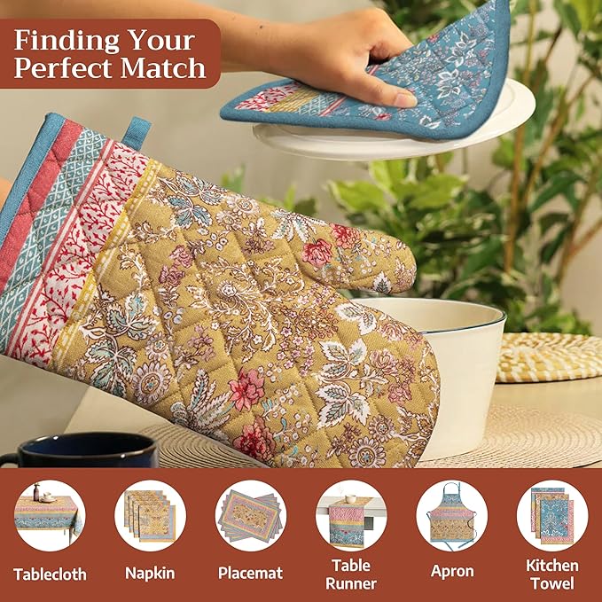 Maison d'Hermine Oven Gloves 100% Cotton Oven Mitt 7" x 13" with Loop Heat Resistant BBQ Cooking Gloves Baking Grilling Gifts for Mothers Day Spring/Summer (Pack of 1, Marquise)