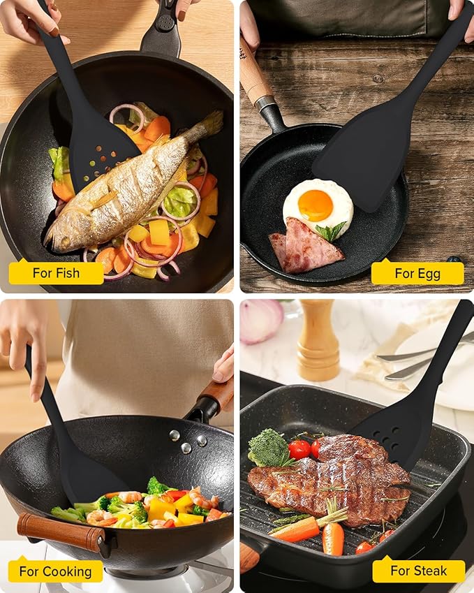 Pack of 2 Silicone Spatula Turner, Non Stick Kitchen Spatulas Set with Back Hooks, Heat Resistant BPA Free Kitchen Utensils, Suitable for Flipping Fish, Eggs, Steak, Pancakes(BLACK)
