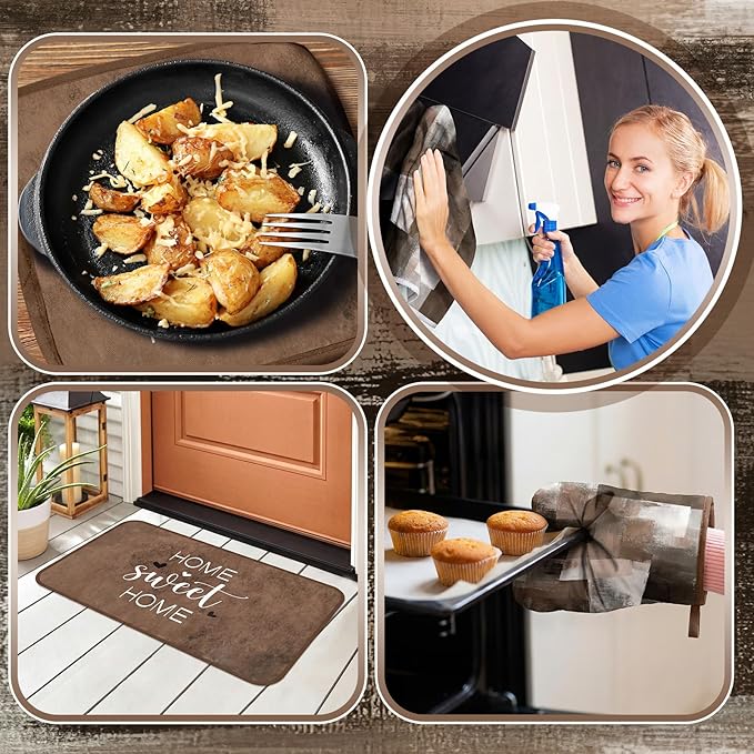 Fourluoo 10 Pcs Brown Kitchen Decor Farmhouse Oven Mitts and Pot Holders Kit Vintage Kitchen Dish Towels Modern Marble Pattern Oven Gloves for Home Decorations Baking Cooking Birthday Summer Gifts