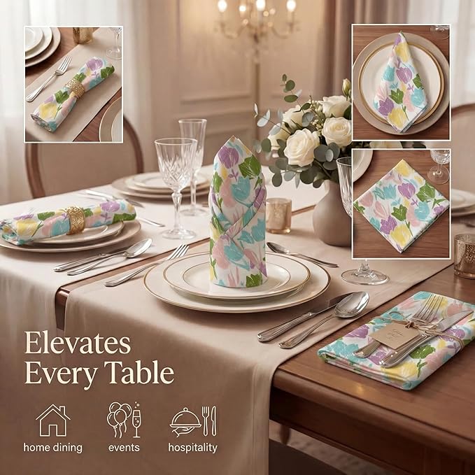 Urban Villa Easter Cloth Napkins 100% Cotton Absorbent Dinner Napkins (Set of 12) 20x20 Soft Durable Reusable Washable Napkins Ideal for Easter Decorations Restaurant Wedding Parties Napkins - Tulip