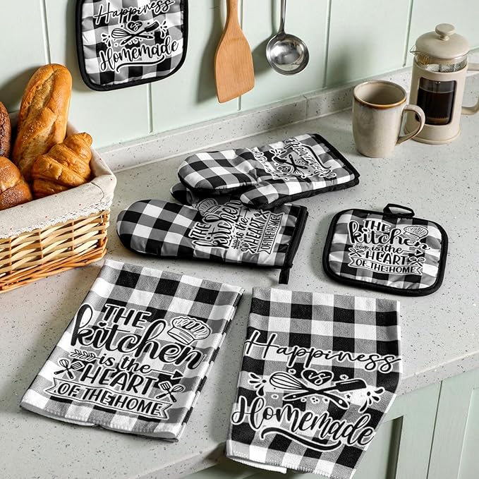 Sratte 6 Pcs Kitchen Decor Accessories Set Farmhouse Towels Pot Holders Oven Mitts Set 2 Dish Towels 2 Potholders 2 Cooking Mittens Oven Glove for Christmas Baking Cooking Supply(Black White,Kitchen)