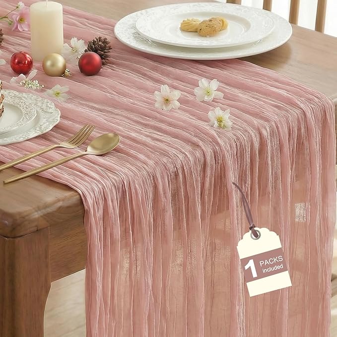 IVAPUPU 1 Pcs Cheesecloth Table Runner - 10ft Dusty Pink Boho Gauze Cheese Cloth Table Runners for Baby Shower Decoration Wedding Party Summer Garden Farmhouse Decor