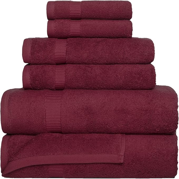 SALBAKOS 100% Turkish Cotton 6-Piece Towel Set | Premium Quality Hotel & Spa Collection | Ultra Soft, Super Absorbent 2 Washcloth, 2 Hand, 2 Bath Towels Sets | Made in Turkey (Wine, 6 Piece Towel Set)