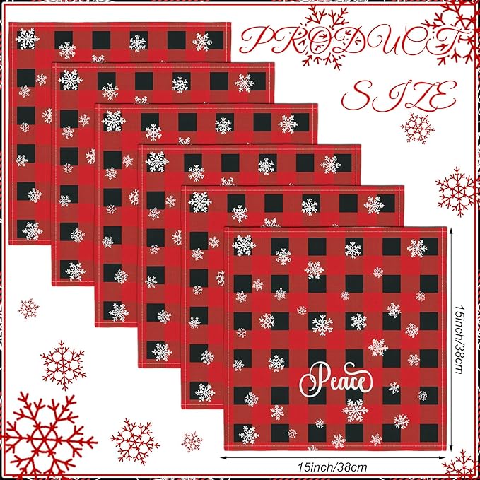 Funnymoom 24 Pcs Christmas Plaid Cloth Napkins Buffalo Gingham 15 x 15 Inches Snowflakes Black and Red Checked Cotton Dinner Napkins Soft Absorbent Washable for Holiday Winter Xmas Party