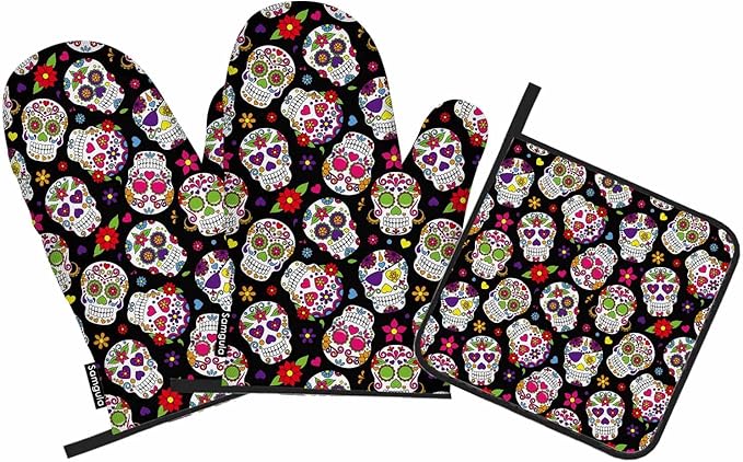Sugar Skulls Oven Mitts and Pot Holders Sets Flower Texture Hearts Day of The Dead Heat Resistant 3pcs for Cooking Baking BBQ