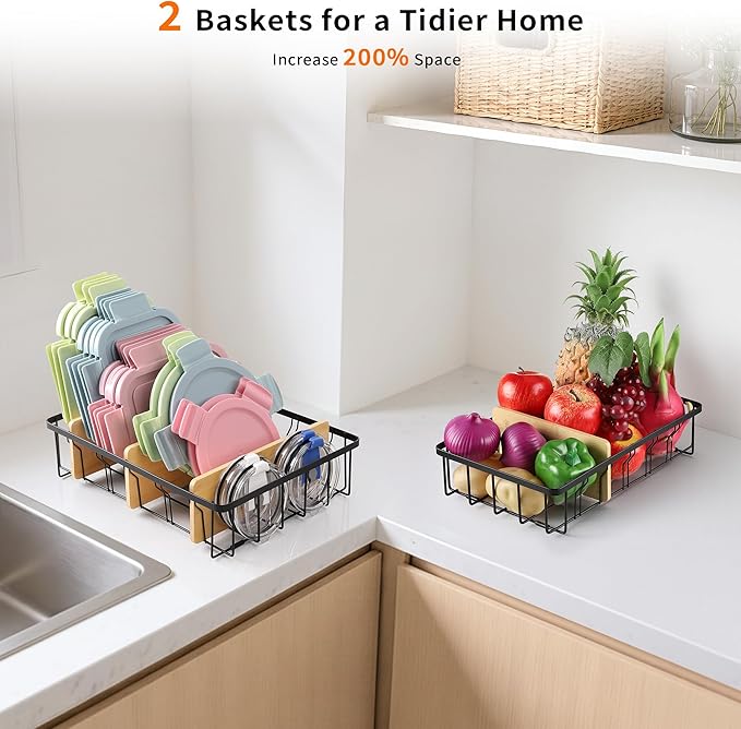2-Pack Adjustable Lid Organizers - Large Kitchen Cabinet Organizer for Food Storage Container and Tumbler Cup Lids with 6 Bamboo Dividers -Organizers in Kitchen/Pantry/Laundry Room(Size:M+L)