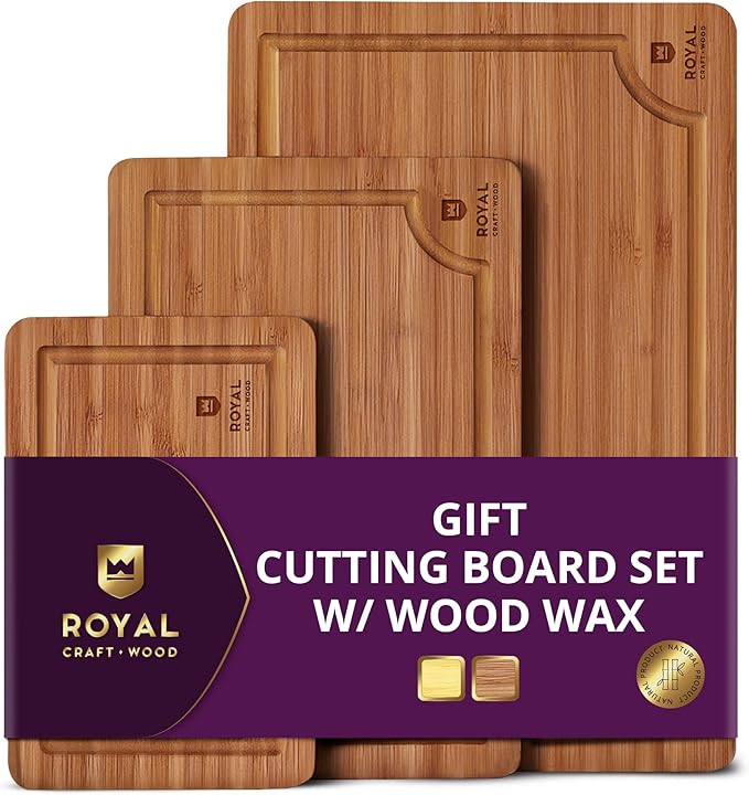 ROYAL CRAFT WOOD Wooden Cutting Boards for Kitchen Meal Prep & Serving - Bamboo Wood Serving Board Set with Deep Juice Groove Side Handles - Charcuterie & Chopping Butcher Block for Meat