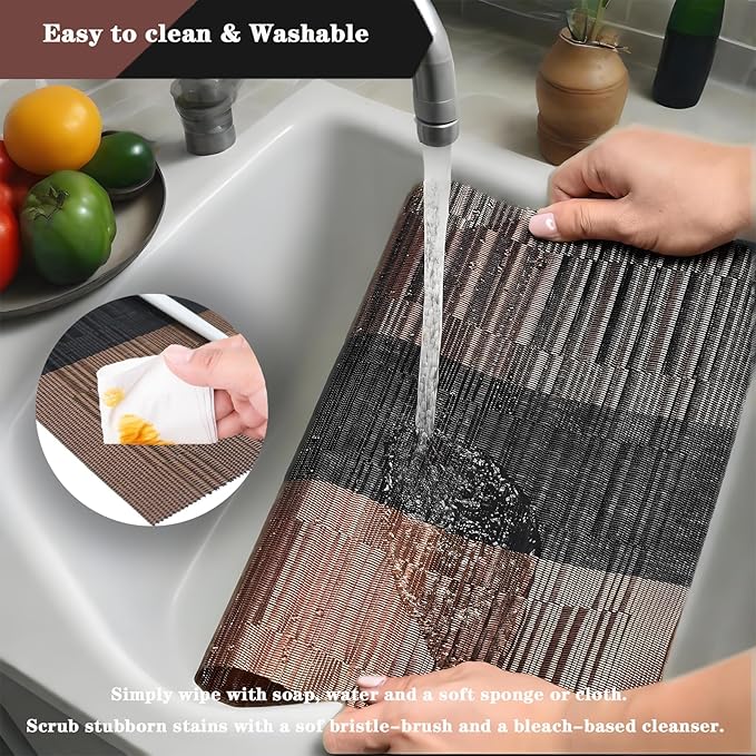Black Brown Placemats Set of 2 - Heat Resistant Non-Slip Place mats for Dining Table, Washable Durable PVC Vinyl Woven Table Mats (Black Brown, 2)