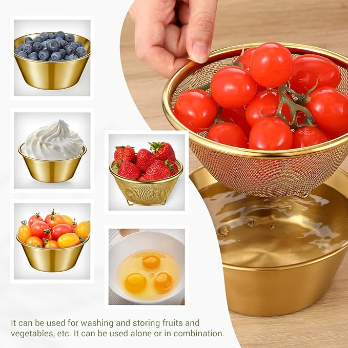 Baderke 2 Pcs Mini Colander & Food Strainer 304 Stainless Steel Small Mixing Colanders Bowl Rice Strainer for Kitchen Cooking Fruit Washing Vegetable(5.51 x 2.36 Inches,Gold)
