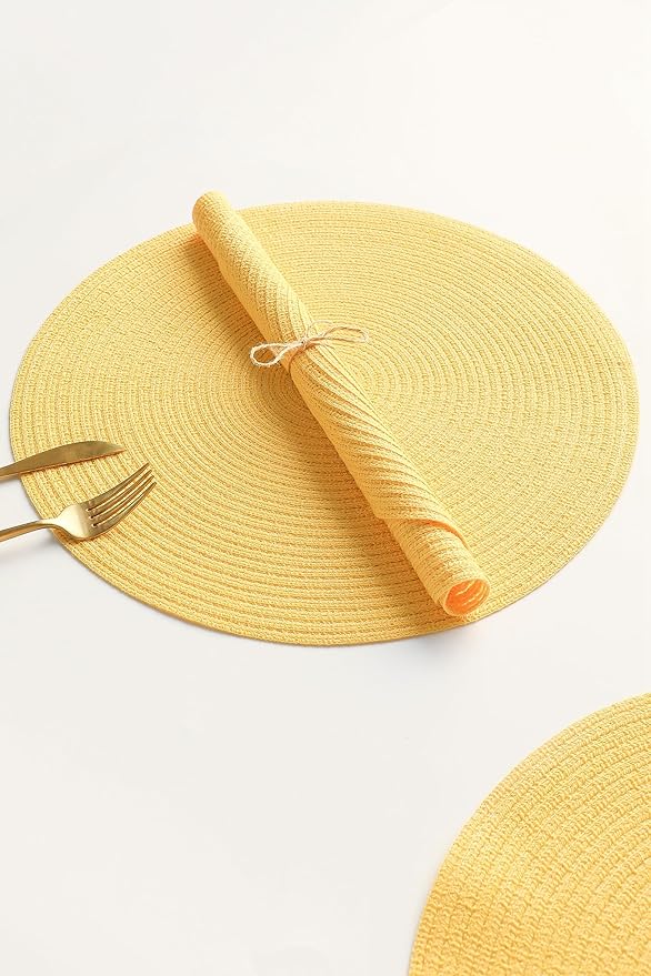 Floroom 15 Inch Round Braided Placemats Set of 4, Washable Heat Resistant Cotton Polyester Circle Place Mats for Kitchen Dining Table - Yellow