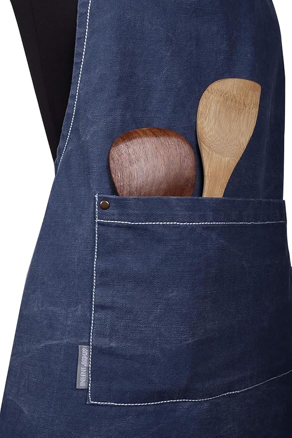 AMOUR INFINI Cotton Solid Aprons for Women with Pocket, Adjustable Strap and Waist Ties Washed Chef Aprons for Cooking, Baking and Gardening (27.5x33 Inches - Blue)