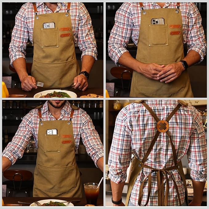 Chef Apron-Cross Back Apron for Men Women with Adjustable Straps and Large Pockets,Canvas