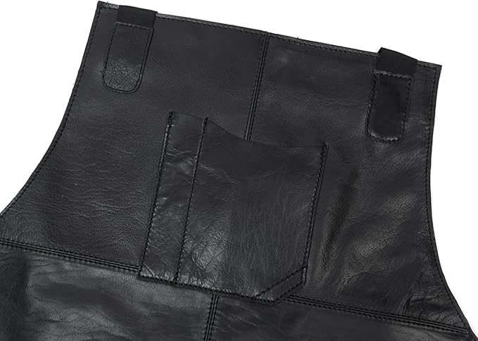 One Size Fits Utility Apron | Adjustable Cross-Back Straps | Multi-Use Shop Apron With Tool Pockets By Aaron Leather Goods (Leather, Black)