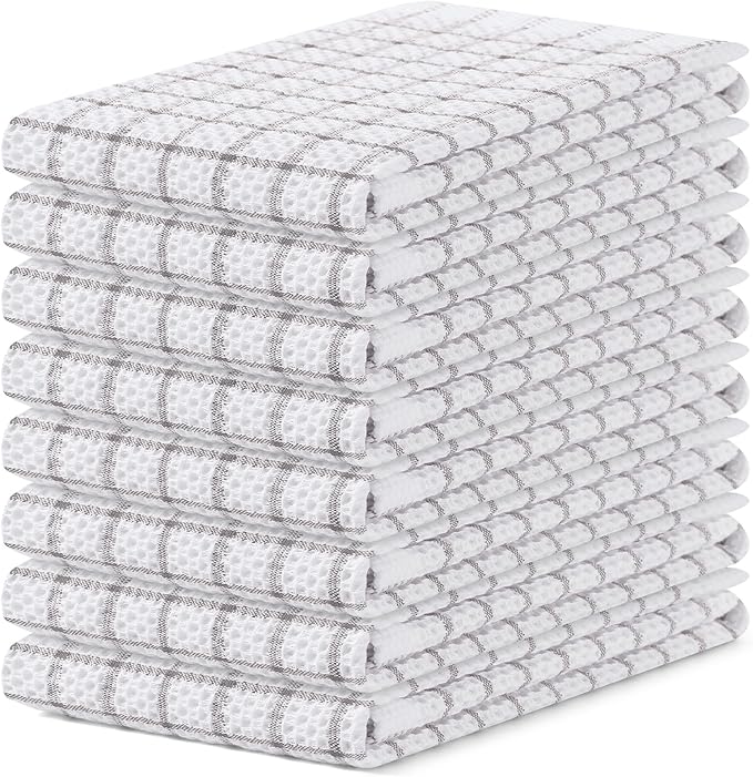 Homaxy 100% Cotton Kitchen Towels 8 Pack-15 X 25 Inches, Check Design Waffle Weave Hand Tea Towels, Super Soft and Absorbent Dish Towel for Drying Dishes, Light Grey