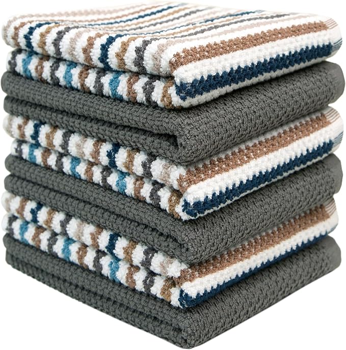 Premium Kitchen Towels (16”x 26”, 6 Pack) | Large Cotton Kitchen Hand Towels | Popcorn Striped Design | Dish Towels | 430 GSM Highly Absorbent Tea Towels Set with Hanging Loop | Gray