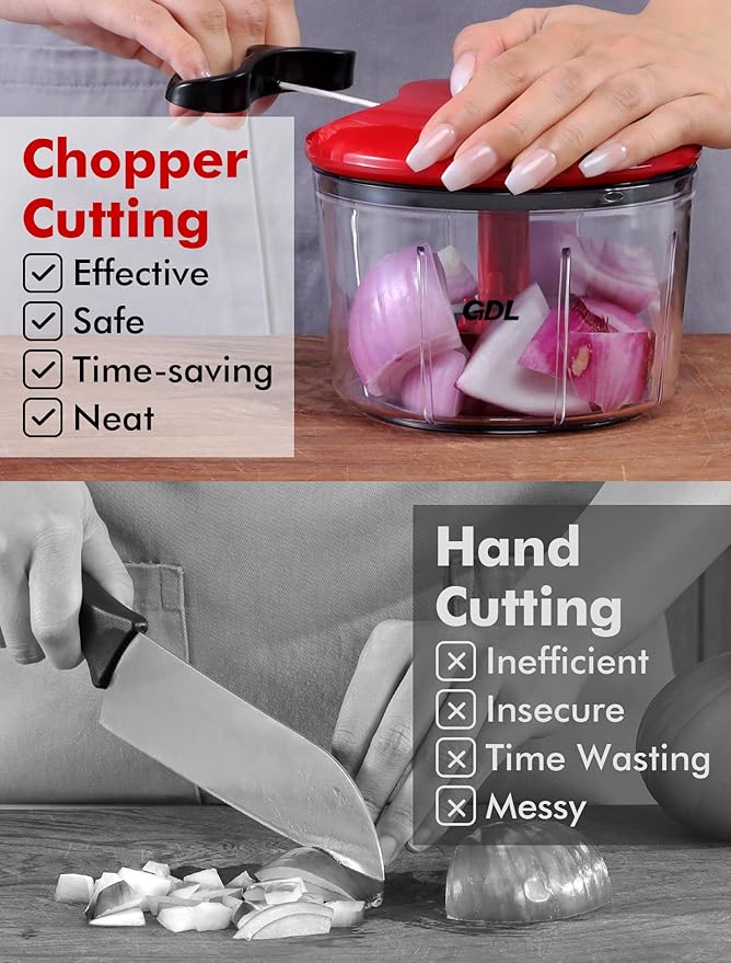 GDL Food Chopper, Pull Onion Chopper Dicer, Hand Powered Food Mincer, Fast Cutting Hand Chopper for Oinon, Garlic, Nut, 3.4 Cups 0.8L, Red