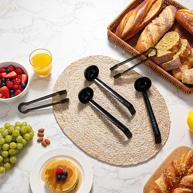 12 Pieces Plastic Serving Utensils Set Including 6 Pcs 1 oz Small Ladle and 6 Pcs Tong Acrylic Long Handle Ladle for Serving Sauce, Soup, Dressing, Punch Bowl, Gravy for Party Banquet Catering(Black)