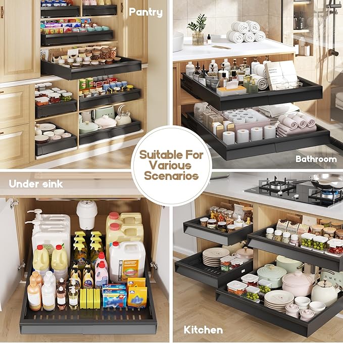 Seinloes 4 Pack Pull Out Cabinet Organizer With Raising Pad for Framed Cabinets,Expandable Width (13"-21") and Depth (17"-24"),3 Slide Rails Slide Out Drawers with Handle,No-Drill Roll Out Shelf,Black
