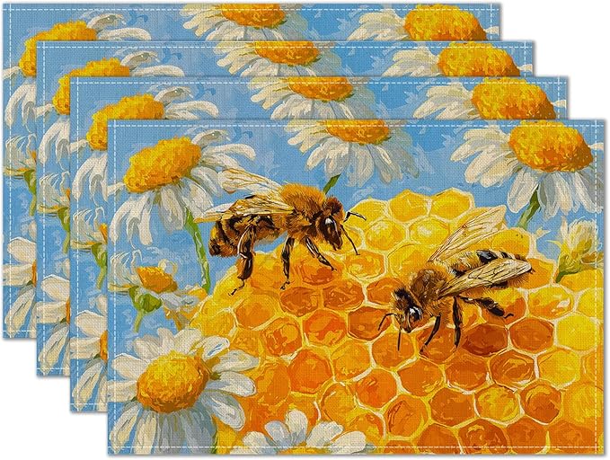 HOMETITUTE Placemats Set of 4 12x18 inch Spring Table Mats for Dining Table Honeycomb Bee Linen Placemats Farmhouse Decorations Kitchen Decor Desk Mat for Outdoor Home Party Kitchen Seasonal Dining