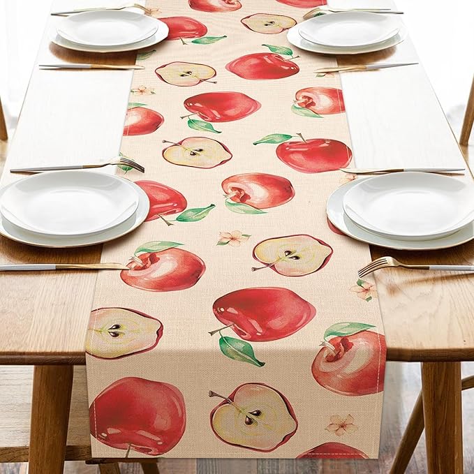 Watercolor Apples Table Runner, Sweet Fruit Kitchen Dining Table Decoration, Spring Summer Burlap Indoor Outdoor Home Decor Party Supply 13 x 36 Inches