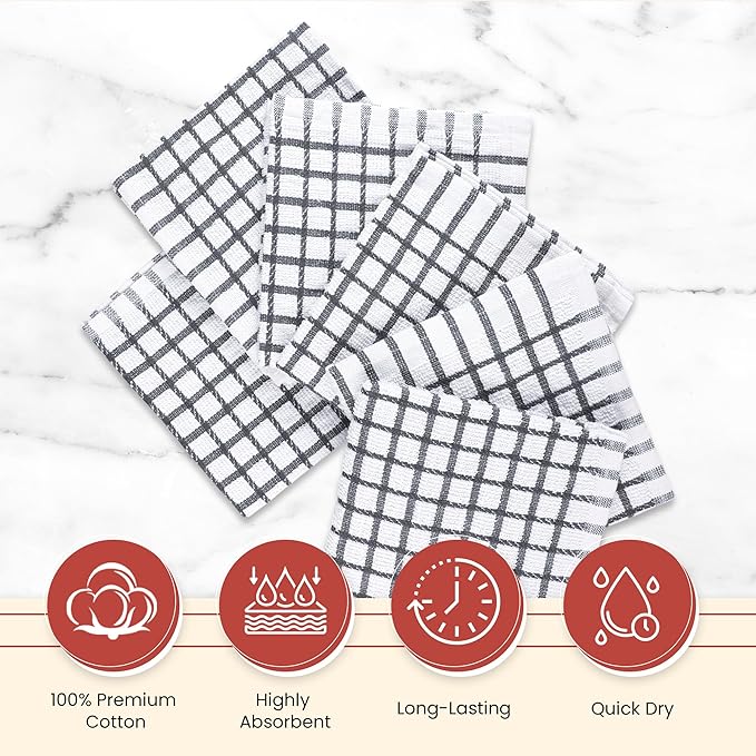 Vintage Vista 100% Cotton Dish Cloths (Pack of 6) - Dish Rags for Washing Dishes - Reusable & Highly Absorbent Kitchen Towels - Kitchen Rags fo Easter - (12" x 12" - Slate Grey Checkered)