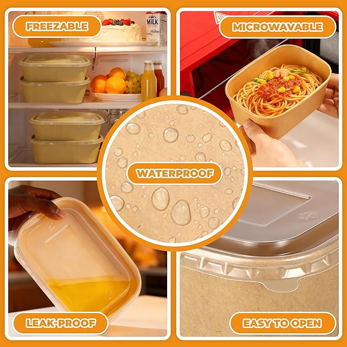 Kaderron 50 Pack 29 OZ Large Paper Bowls with Lids【with Spoons and Forks】, Heavy Duty Disposable Meal Prep Containers for Party, Disposable Bowls Bulk Soak-Proof and Microwave Safe for Hot/Cold Use
