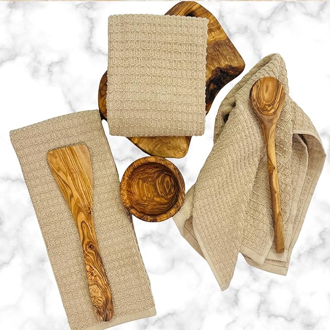 Serafina Home Tan Beige Kitchen Dish Hand Towels 100% Cotton Waffle Cloth Soft Cleaning Drying Absorbent Terry Box Loop: Set of 3 Multipurpose for Everyday Use Oversized 16" x 28"