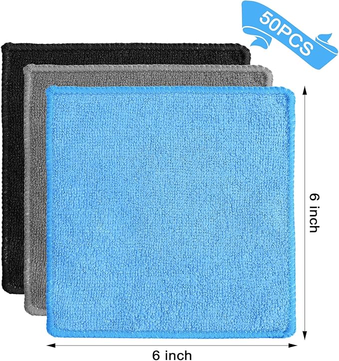 Tanlade Cleaning Cloth Dry Erase Cloth Cleaning Rags Reasonable Kitchen Towels Microfiber Towels Cars Wash(6 x 6 Inch,Blue/Gray/Black,50 Pcs)