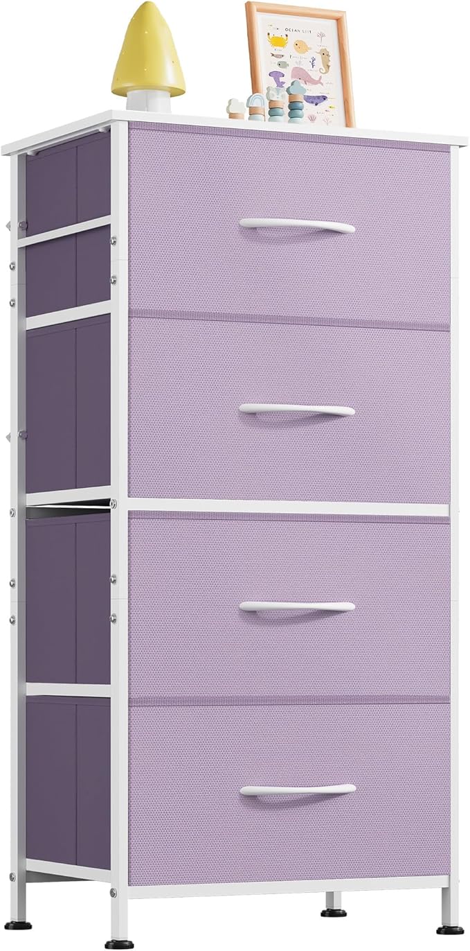 WLIVE Dresser with 4 Drawers, Storage Tower, Organizer Unit, Fabric Dresser for Bedroom, Hallway, Entryway, Closets, Sturdy Steel Frame, Wood Top, Easy Pull Handle, Purple