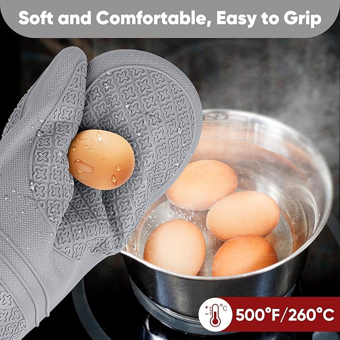 Silicone Oven Mitts, Heat Resistant Oven Gloves with Quilted Liner, Waterproof & Non-Slip Kitchen Mittens for Baking Cooking BBQ, 500°F, 12.5"-Light Gray