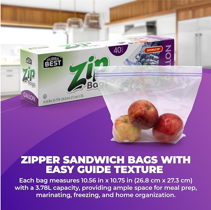 1 Gallon Storage Zip Bags – 40 Count | Extra Large, Resealable, Leak-Proof & Freezer Safe Food Storage Bags with Double Zip Lock | Durable, BPA-Free, Multi-Purpose – DURRA BEST