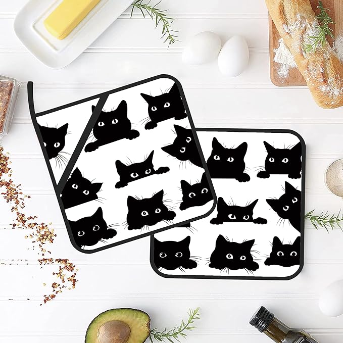 Cute Black Cat Pot Holders Set of 2 Kitchen Heat Resistant Potholder for Microwave Cooking Baking Oven End Dishes and BBQ