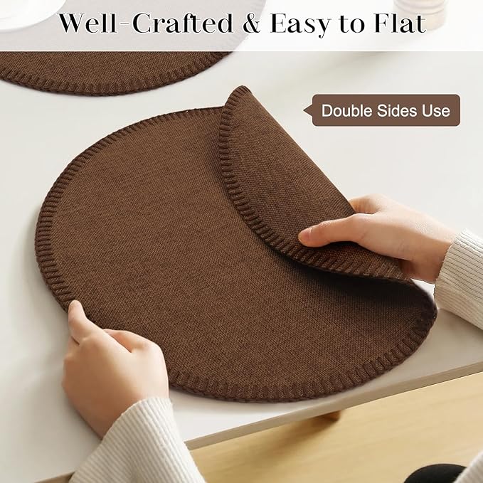 Round Placemats Set of 6, 15 Inch Linen Fabric Table Placemats, Heat Resistant, Wrinkle Free Washable Placemats Kitchen Place Mats Set of 6 for Dining Table Party Table (Coffee, 6)