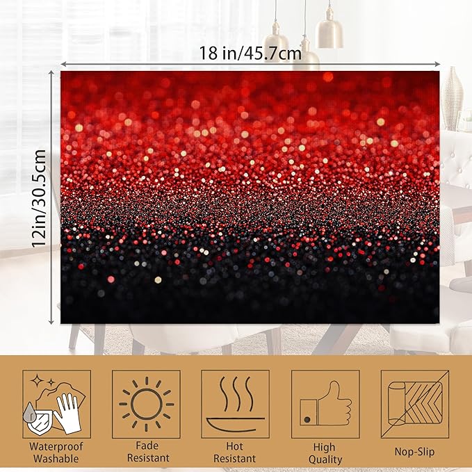 Placemats12x18 Inch,Red Black Gradienr Placemats,Glitter Kitchen Dining Coffee Table Mats Set of 6 for Home Indoor Outdoor Party