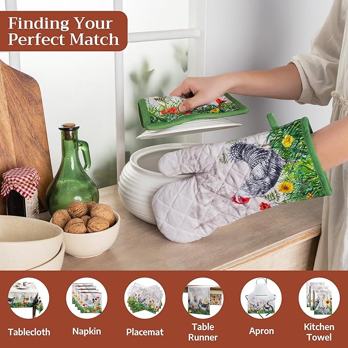 Maison d' Hermine 100% Cotton Oven Mitt & Pot Holder Set (7.5"x13" & 8"x8") Heat Resistant BBQ Cooking Gloves with Loop Baking Grilling Kitchen Gifts for Mothers Day Spring/Summer (Basse Cour)