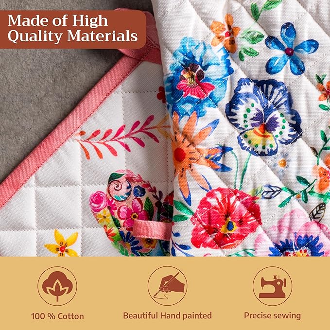 Maison d' Hermine 100% Cotton Oven Mitt & Pot Holder Set (7.5"x13" & 8"x8") Heat Resistant BBQ Cooking Gloves with Loop Baking Gifts for Mothers Day Spring/Summer (Happy Florals - High Summer)