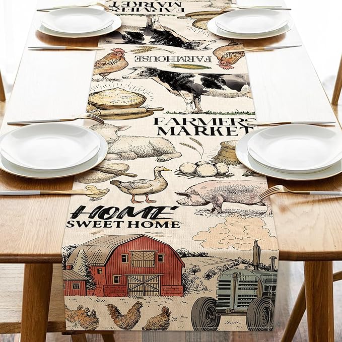 Farm Animals Dining Table Runner, Farmhouse Country Cow Lamb Pig Chicken Duck Barn Tractor Burlap Kitchen Decoration, Farmer Market Indoor Outdoor Sweet Home Decor Party Supply 13 x 36 Inches