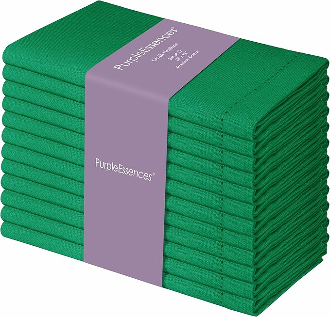 PurpleEssences Set of 12 Hemstitch Cloth Dinner Napkins 100% Cotton - Soft Durable Washable - Ideal for Wedding St Patricks Day - Perfect Everyday Use Table Linen 18x18 - St Patricks Green