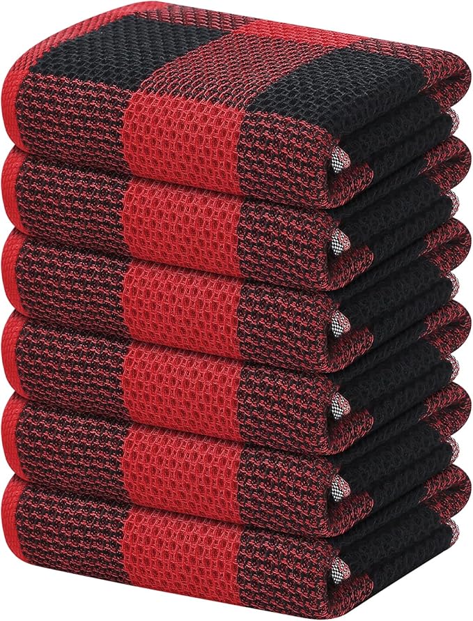 Homaxy 100% Cotton Waffle Weave Check Plaid Kitchen Towels, 13 x 28 Inches, Super Soft and Absorbent Dish Towels for Drying Dishes, 6-Pack, Black & Red