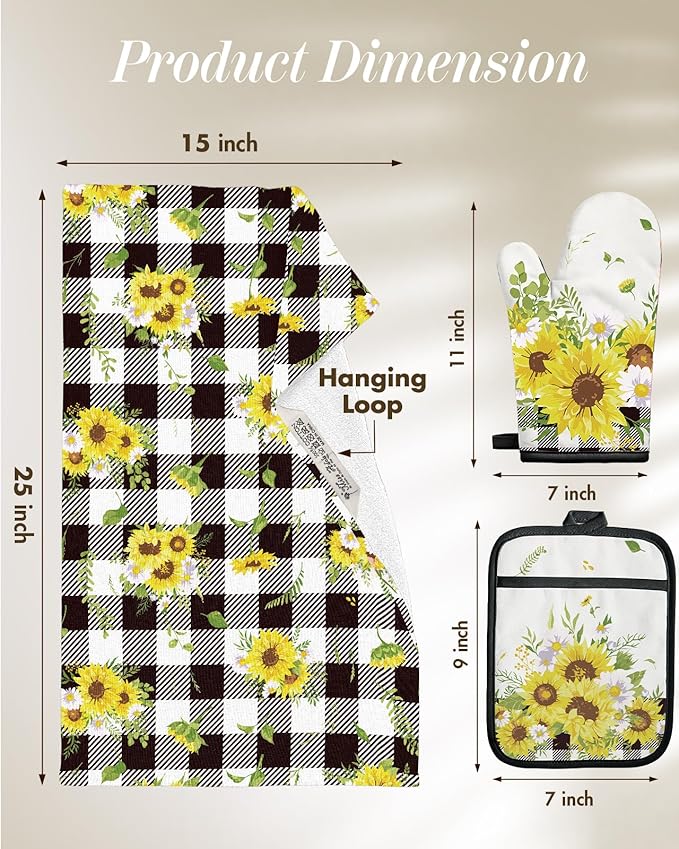 Miss Adola 270 GSM Cotton Kitchen Towels, Oven Mitt and Pot Holder - 4 Pack Kitchen Decor and Accessories Set Cute Farmhouse Boho Quilted Lining Heat Resistant Set with Hanging Loop, Plaid Sunflower