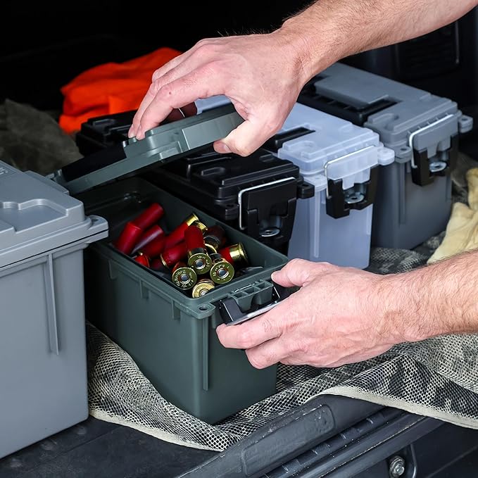 Sheffield 12757 4-Pack Ammo Storage Box, Stackable .30 Cal Field Boxes, Water and Dust Resistant, Lockable Storage Box with Handle, Secures Hunting Gear, Supplies, and Bullets, Made in USA, Green